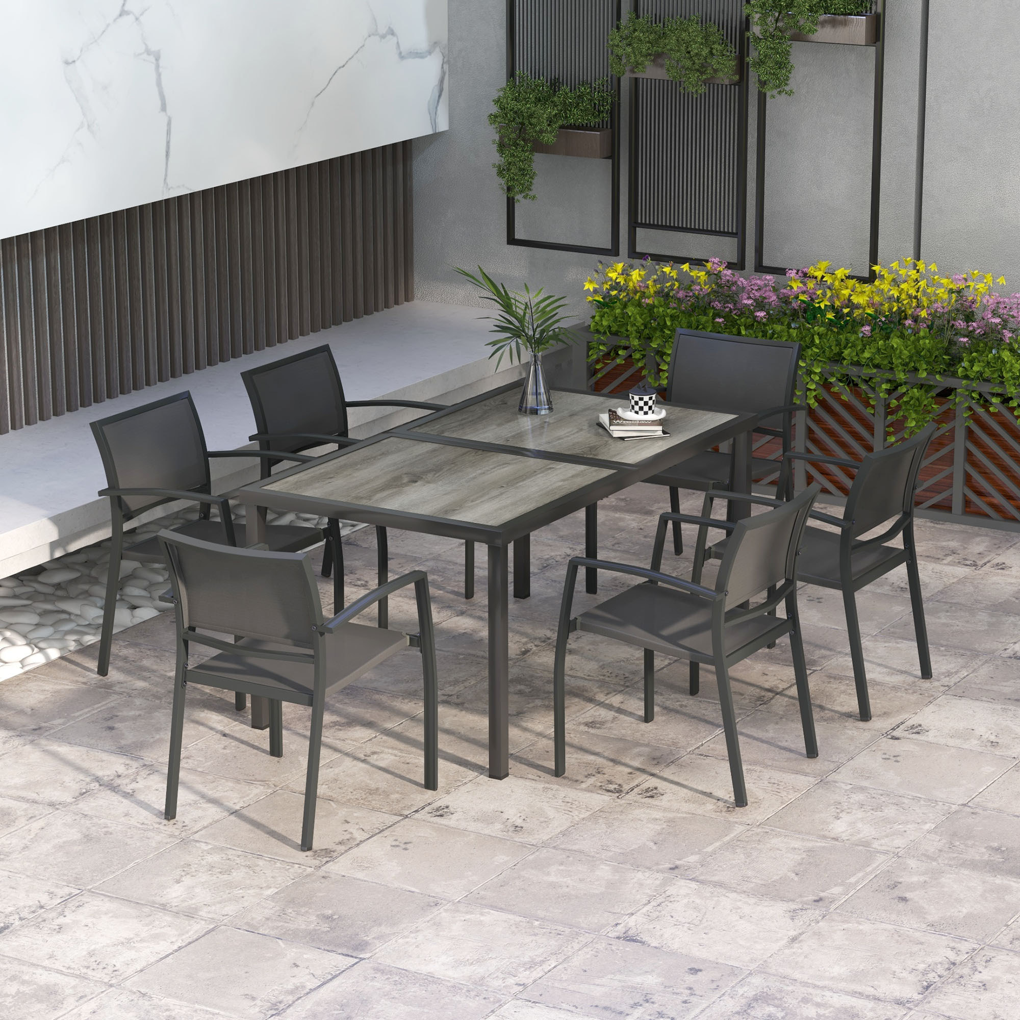 Ensemble salon de jardin 6 places 7 pièces avec table à manger acier textilène aspect bois gris