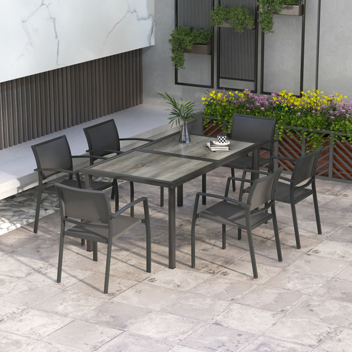 Ensemble salon de jardin 6 places 7 pièces avec table à manger acier textilène aspect bois gris