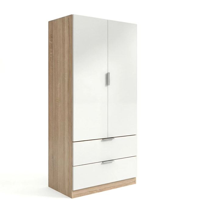 Armario de 2 puertas y 2 cajones en blanco artik y roble canadian 81,5x180 cm Lark Blanco Artik (Blanco Mate) - Roble Canadian