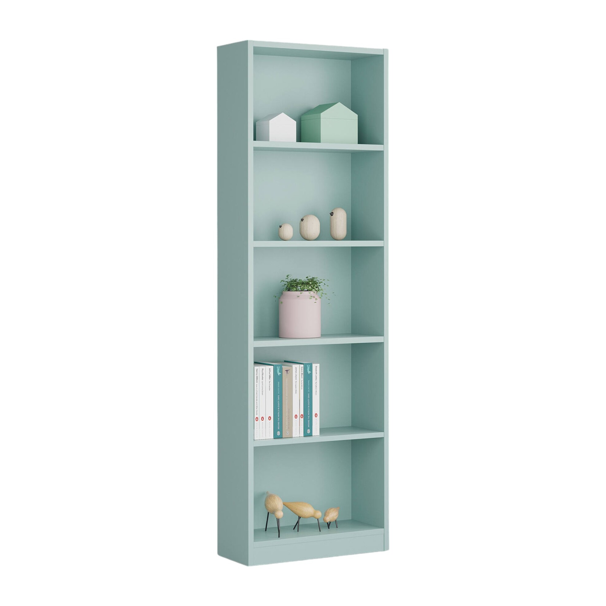 Libreria Pomona, Mobile portalibri alta a 5 ripiani, Scaffale da ufficio o cameretta, Scaffale moderno con scomparti, cm 52x25h80, Verde acqua