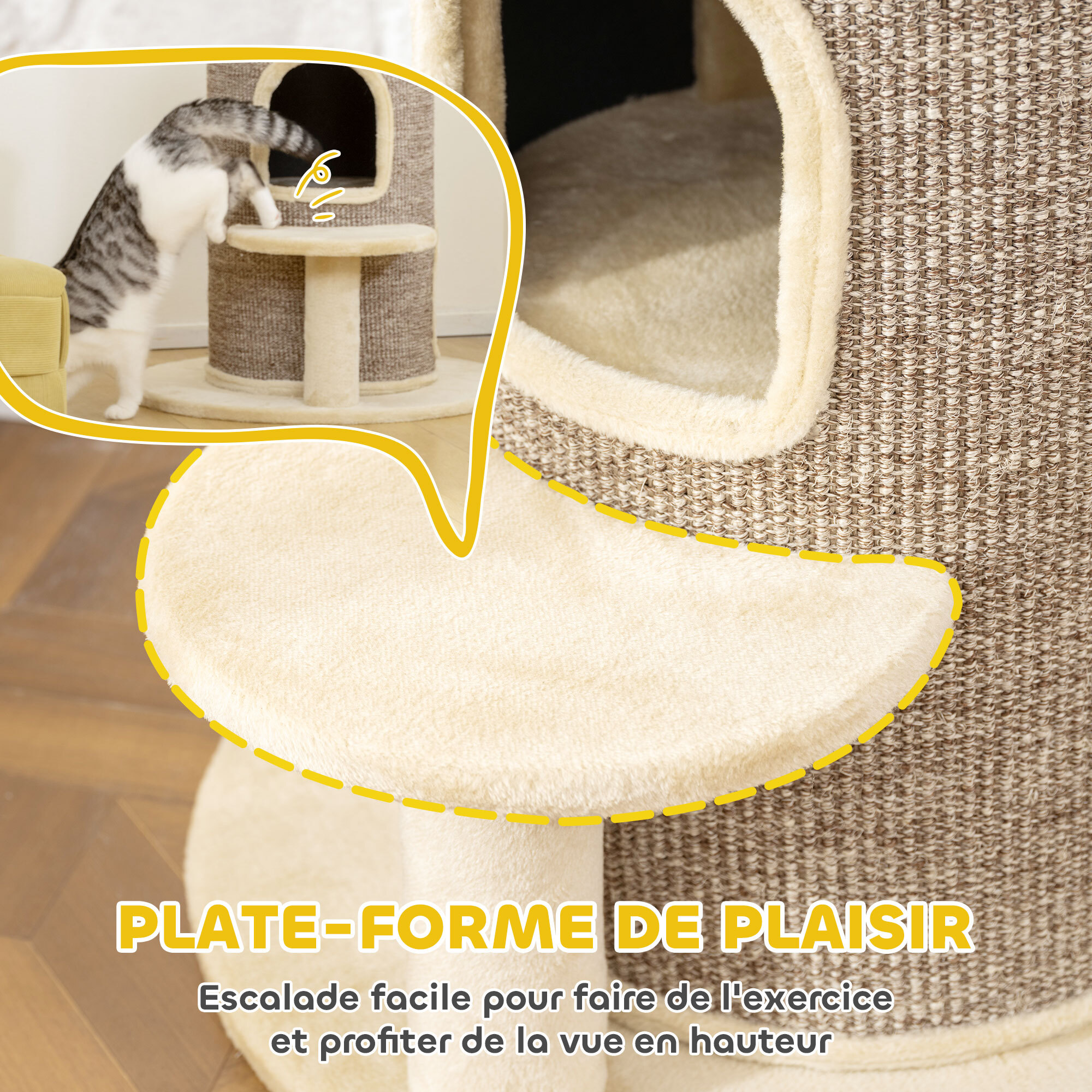 Arbre à chat cylindrique - tour à griffer pour chat H.61cm - tonneau griffoir - 2 niveaux + plateforme - sisal peluche beige