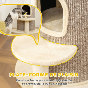 Arbre à chat cylindrique - tour à griffer pour chat H.61cm - tonneau griffoir - 2 niveaux + plateforme - sisal peluche beige