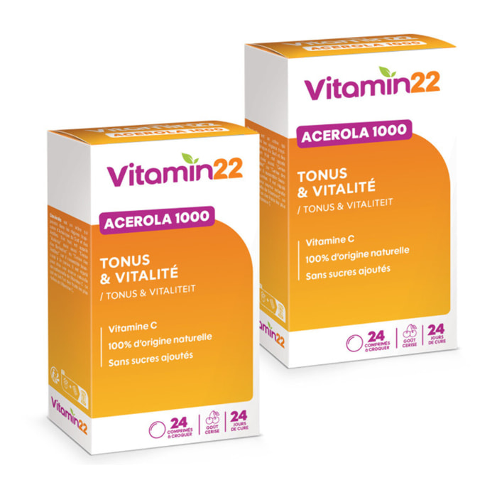 VITAMIN'22 - Acerola 1000 - Complément alimentaire à base d'Acérola- Vitamine C 100% d'origine naturelle - Sans sucre - Sans gluten - Goût Cerise - Cure de 24 j - Lot de 2 produits