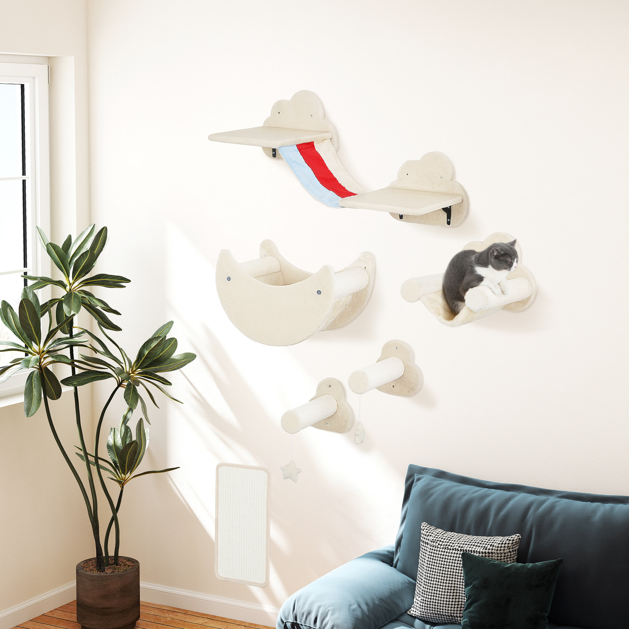 Juego de Pared de Escalada para Gatos de 6 Piezas Tema Cielo Estanterías para Gatos con Hamacas Plataformas Escaleras Tabla Rascador Poste de Sisal Estrellas de Juguete Beige