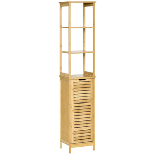 Meuble colonne rangement salle de bain style cosy dim. 34L x 30l x 173H cm porte à lattes 3 étagères bambou MDF aspect bois clair