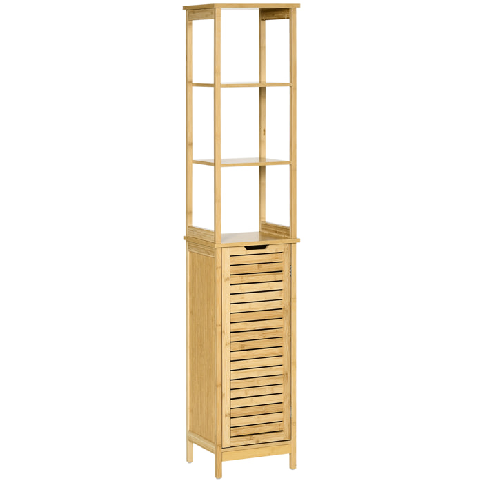 Meuble colonne rangement salle de bain style cosy dim. 34L x 30l x 173H cm porte à lattes 3 étagères bambou MDF aspect bois clair