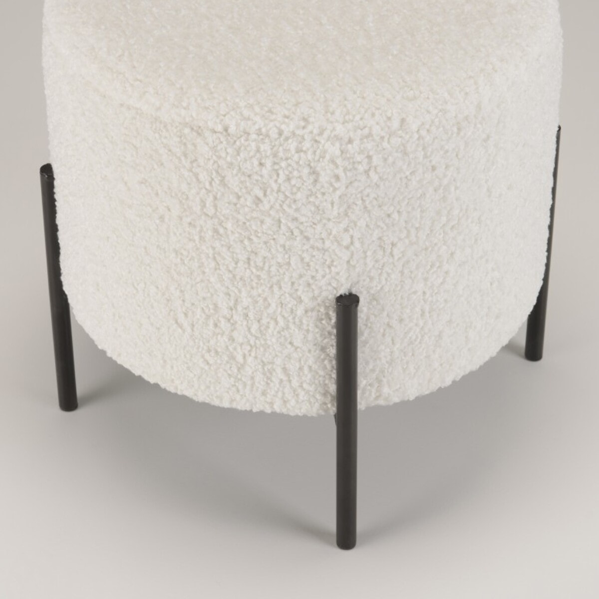 AGATHE - Tabouret rond 40x40cm tissu bouclette blanc pieds métal noir