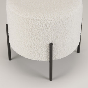 AGATHE - Tabouret rond 40x40cm tissu bouclette blanc pieds métal noir