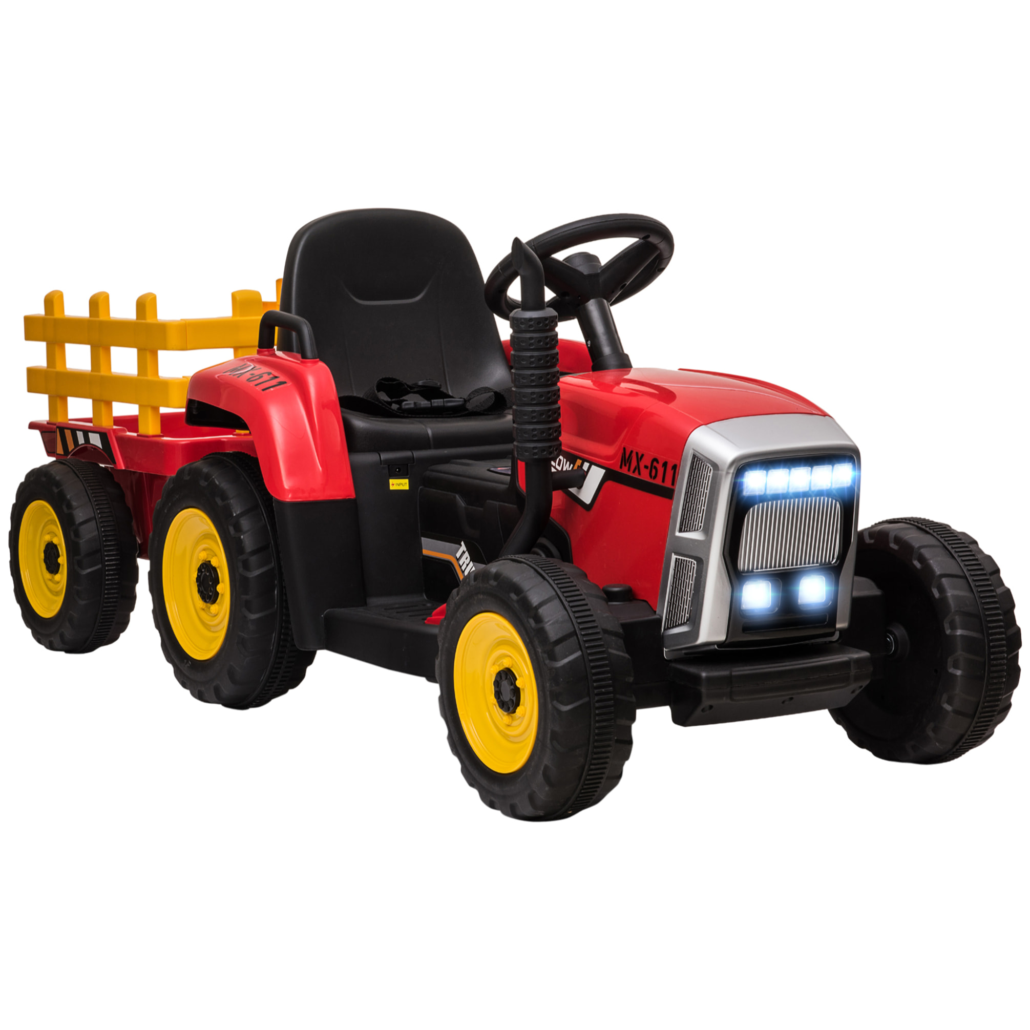 Tracteur électrique avec remorque amovible, voiture électrique enfants de 3 à 6 ans avec télécommande MP3 musique affichage lumières et ceinture de sécurité, 12V 3-6 km/h, rouge