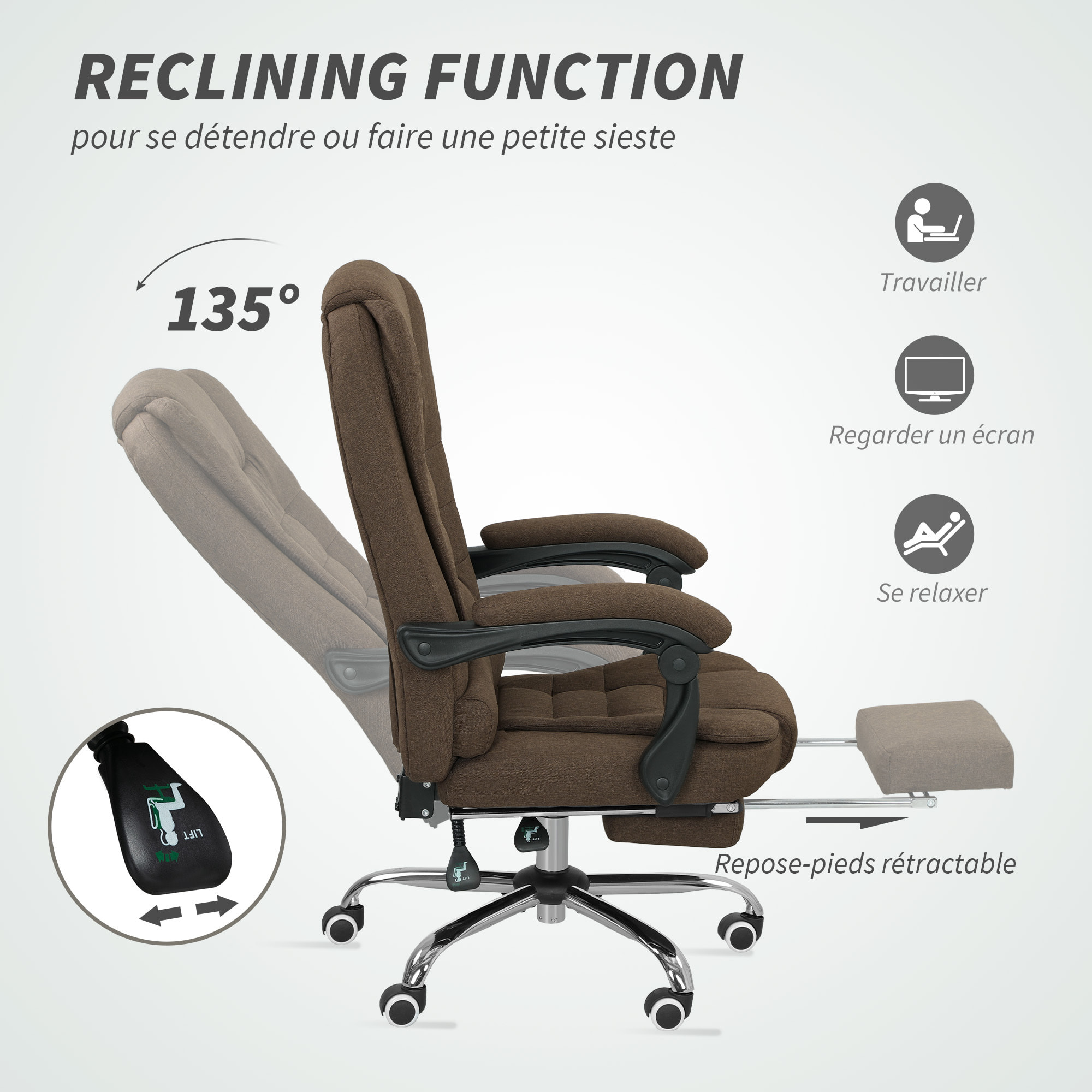 Fauteuil de bureau manager grand confort repose-pied dossier inclinable accoudoirs rembourrés lin beige