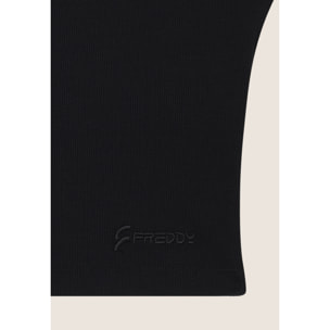 Top a costine stretch con scollo asimmetrico