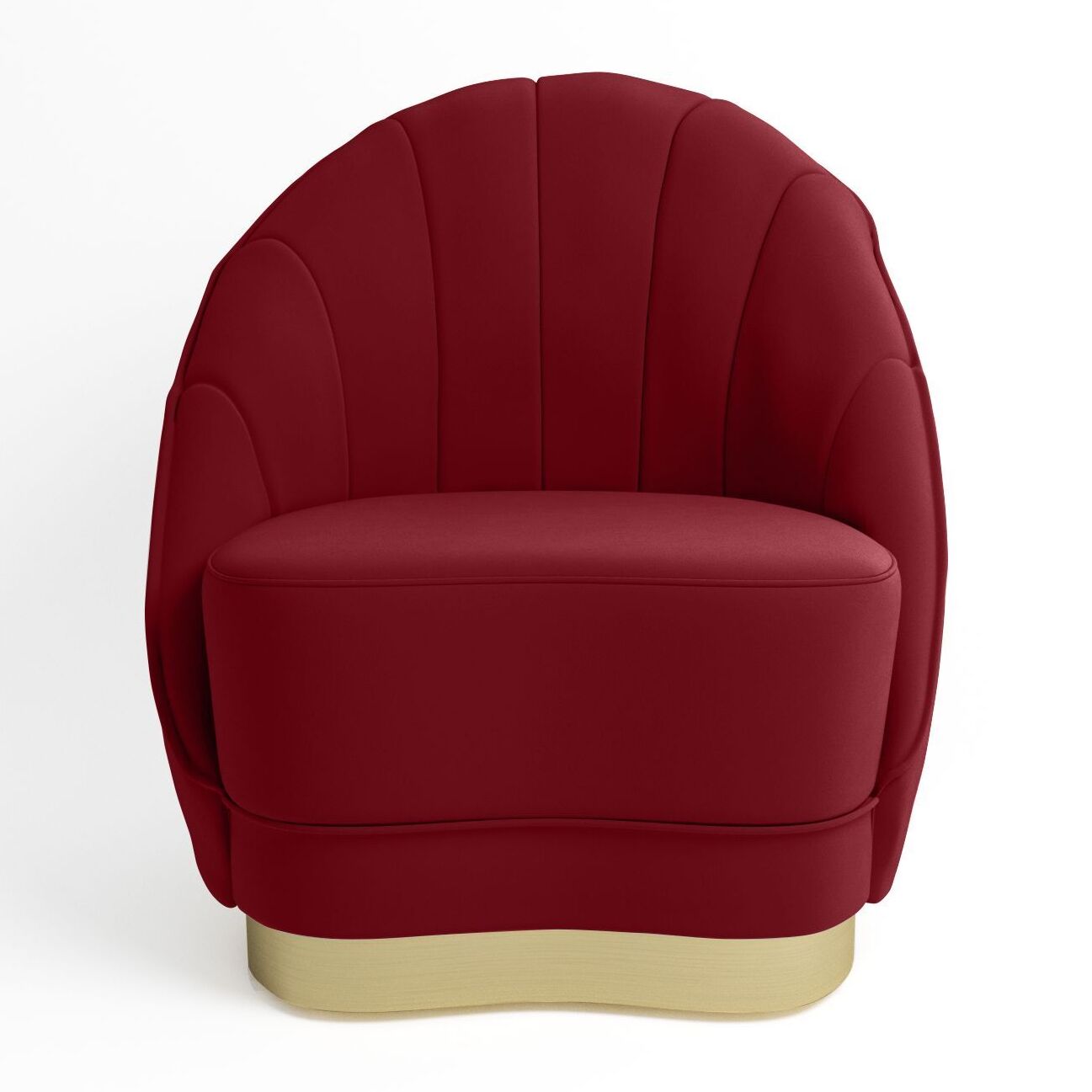 Fauteuil en velours bordeaux, base cerclage doré effet laiton