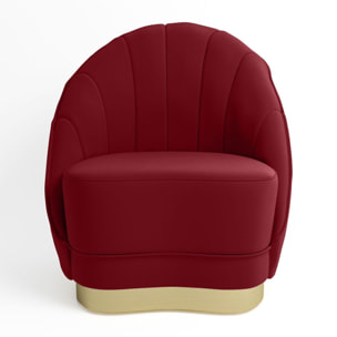 Fauteuil en velours bordeaux, base cerclage doré effet laiton