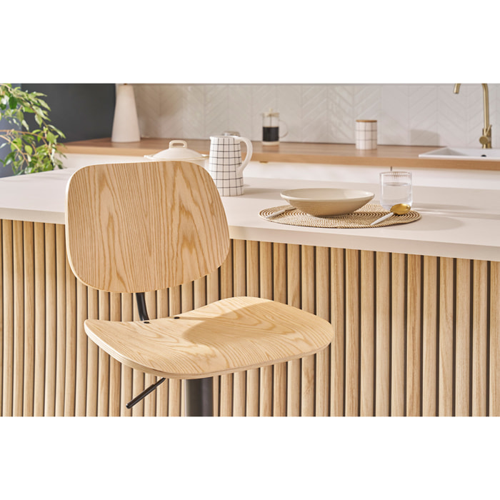 Tabouret de bar relevable bois clair et métal noir TOBIAS