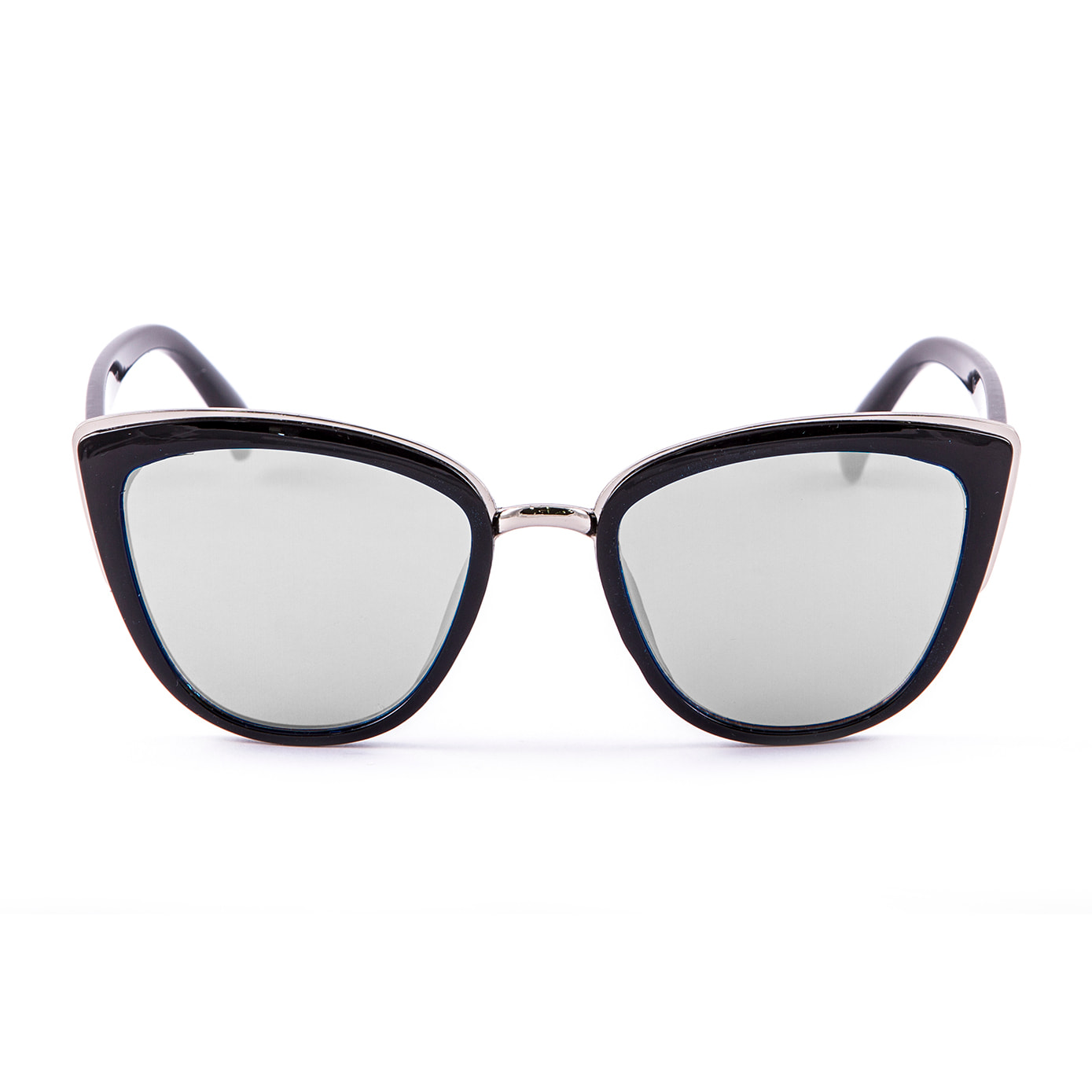 Gafas de sol OCEAN CAT EYE - Negro brillante y metal plateado brillante / Plana de pc ahumada con espejo plateado real