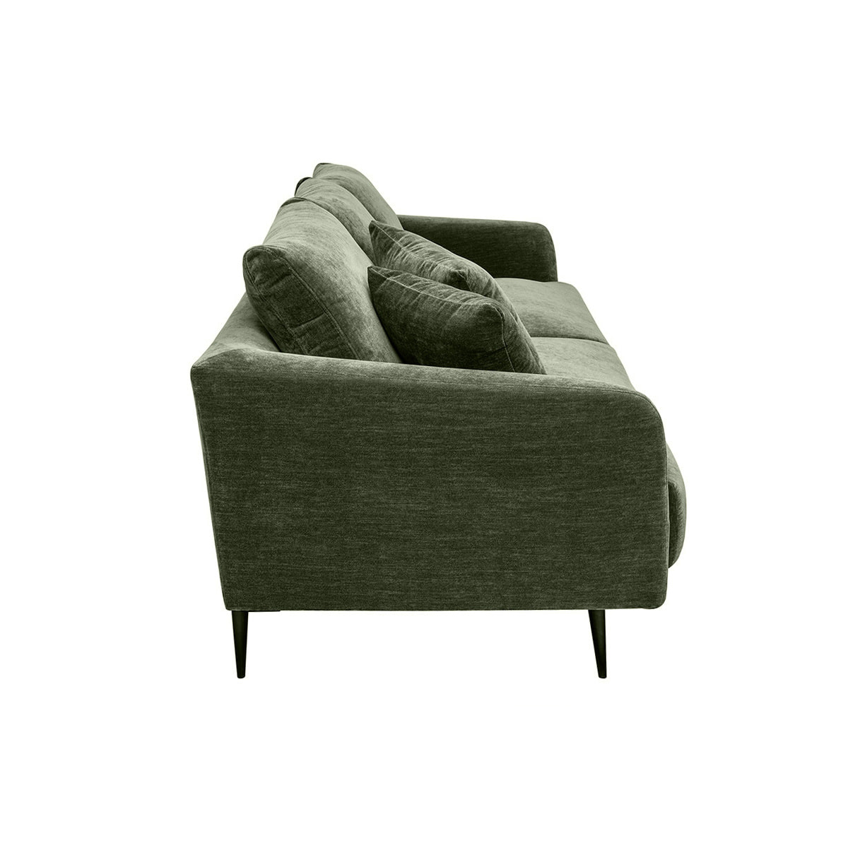 Canapé design 3 places en tissu effet velours vert kaki et métal noir JERRY