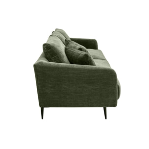 Canapé design 3 places en tissu effet velours vert kaki et métal noir JERRY