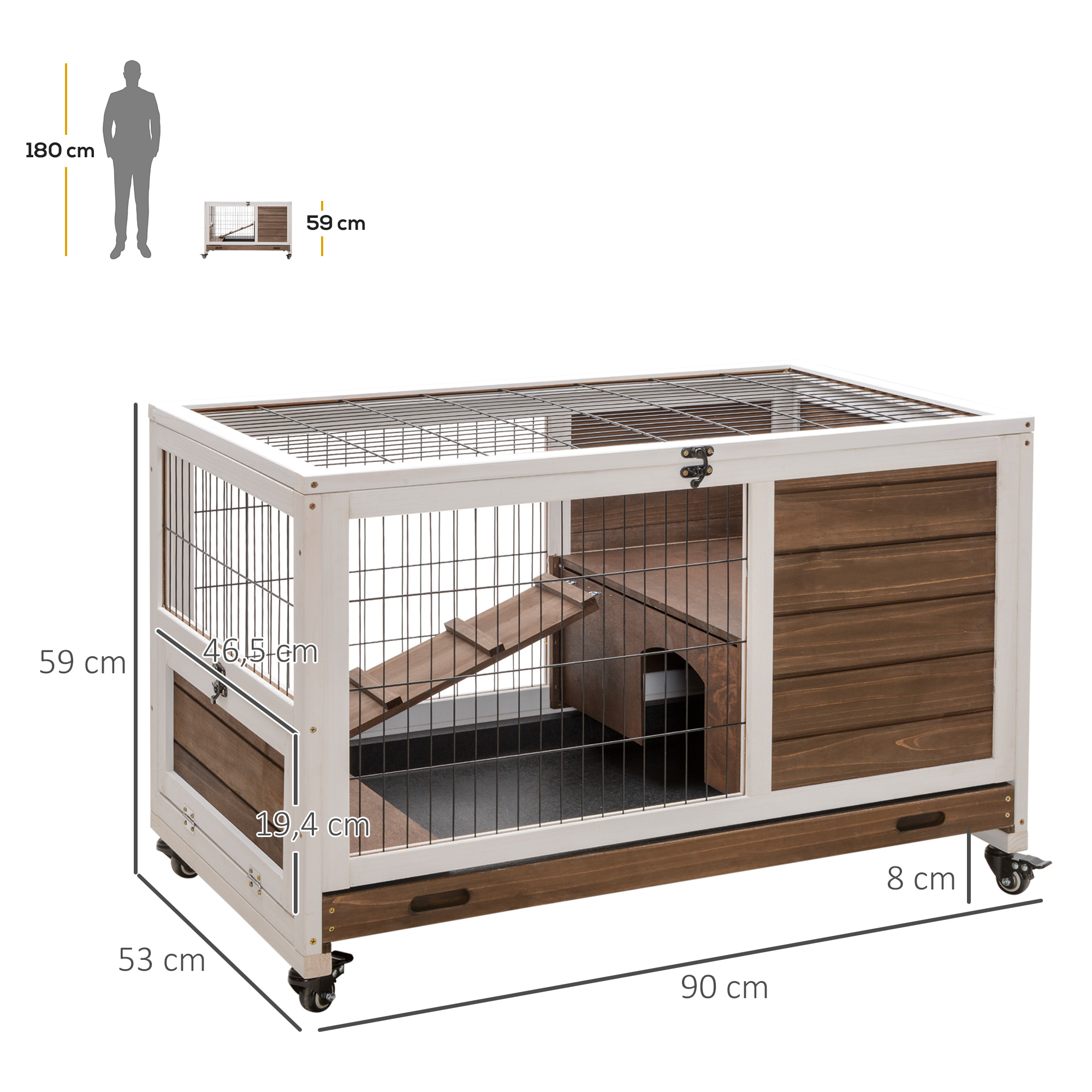 Jaula para Conejos de Madera Conejera para Mascotas Pequeñas Portátil Interior con Techo Abrible Rampa Bandeja Extraíble para Conejillos de Indias 90x53x59 cm Marrón