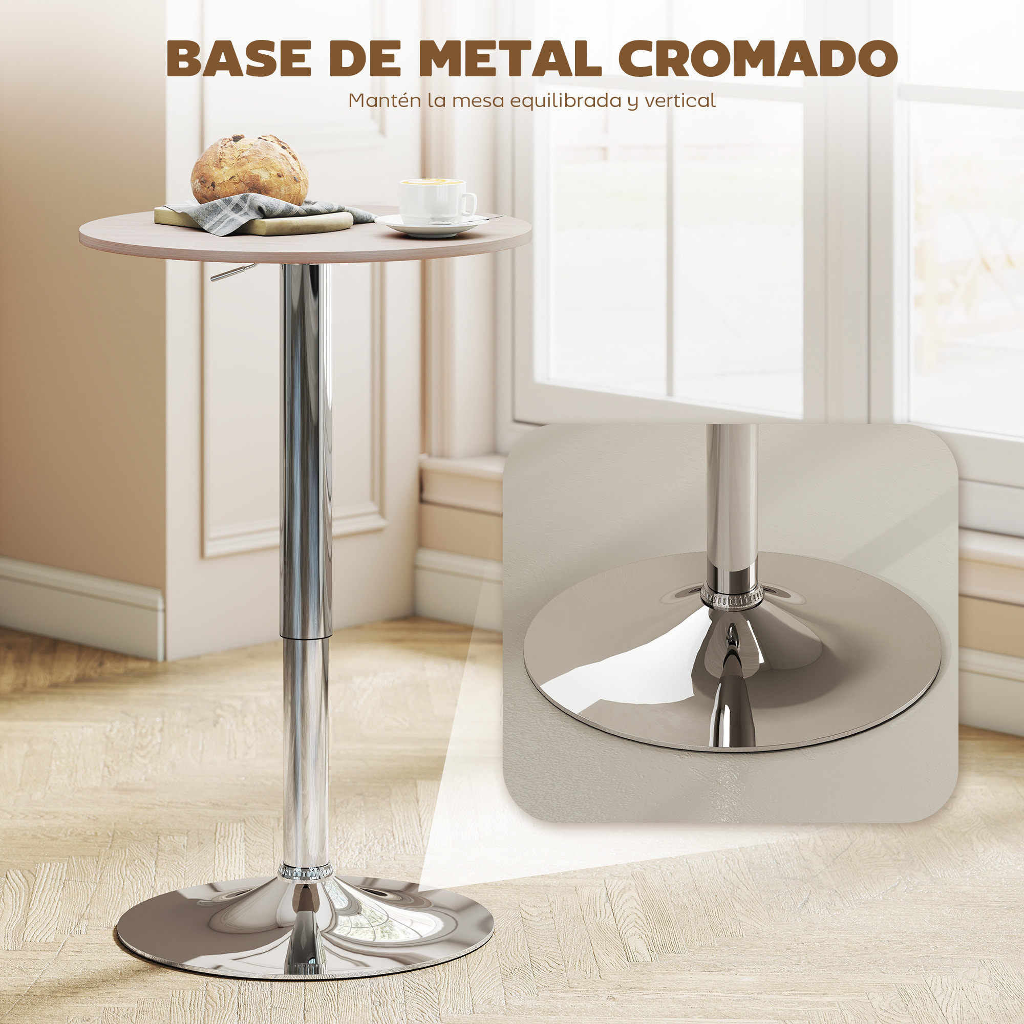 Mesa de Bar Redonda Ajustable en Altura 67-93 cm, Mesa Alta de Bar, Tablero Ø60 cm y Giratorio 360°, con Base Redonda de Metal Cromado, para Bistró, Cocina Comedor, Madera Natural