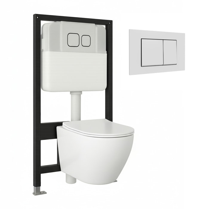 Pack Wc Suspendu + Chassis | Toilette Blanc Mat | Bouton Blanc | Réservoir Encastré | Couvercle Amorti + Système Sans Bride | Alday