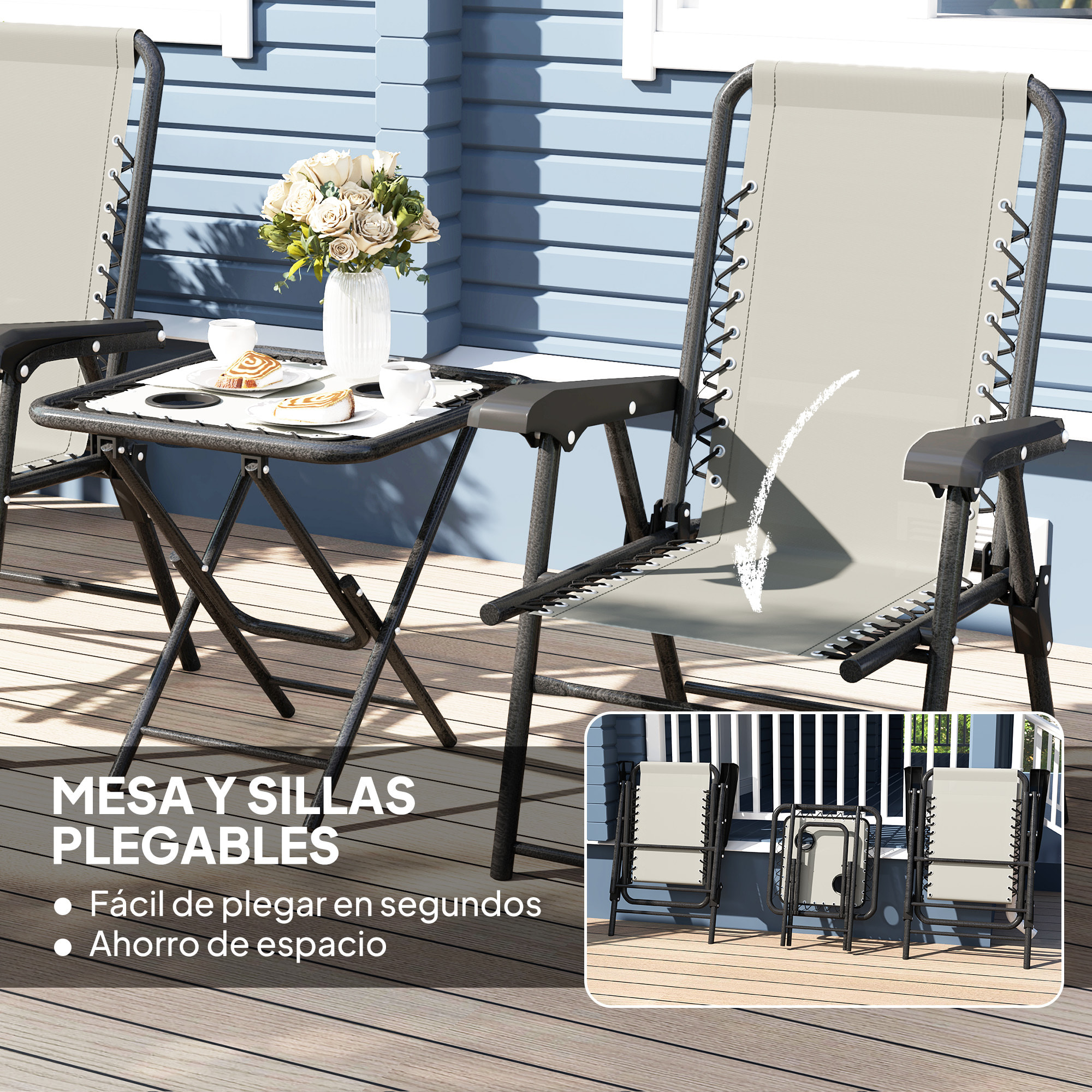 Conjunto de Mesa y Sillas de Terraza Exterior de 3 Piezas Muebles de Jardín Exterior Plegables con Estructura de Acero y Portavasos para Patio Crema