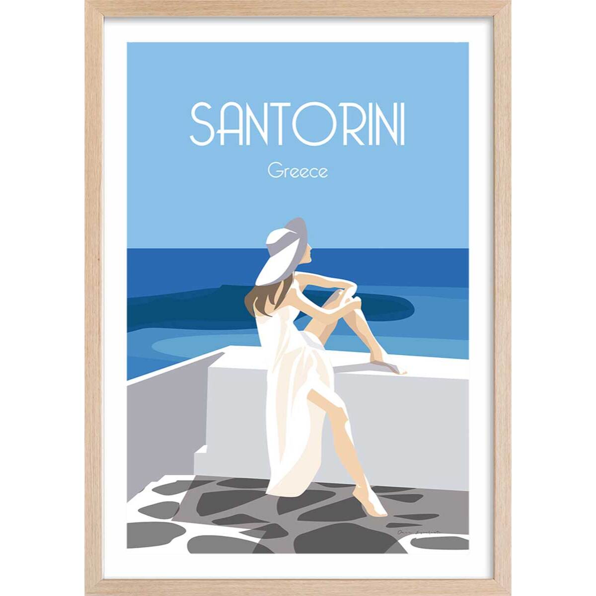 Affiche voyage Le bleu de Santorin Affiche + cadre en bois - Chêne