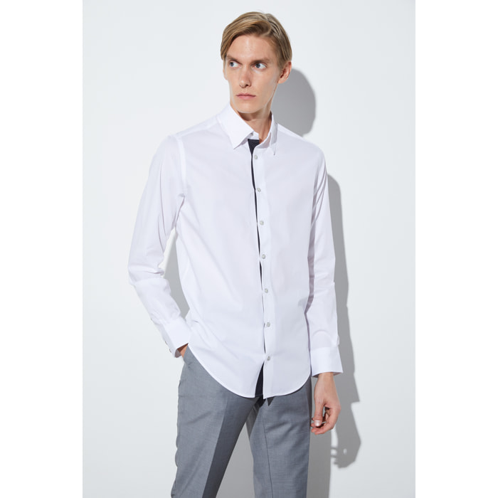 Camicia Uomo 1 Bottone Button Down Slim Popeline Stretch Unito Bianco