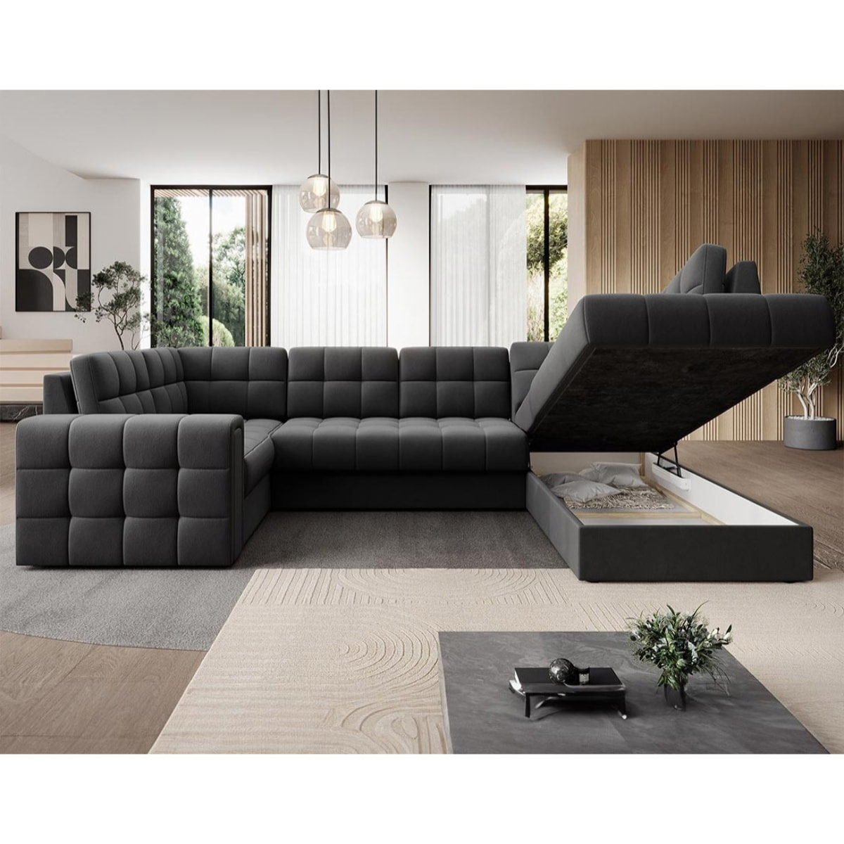 Nappa - Canapé panoramique d'angle gauche 7 places convertible avec coffre en velours - Gris