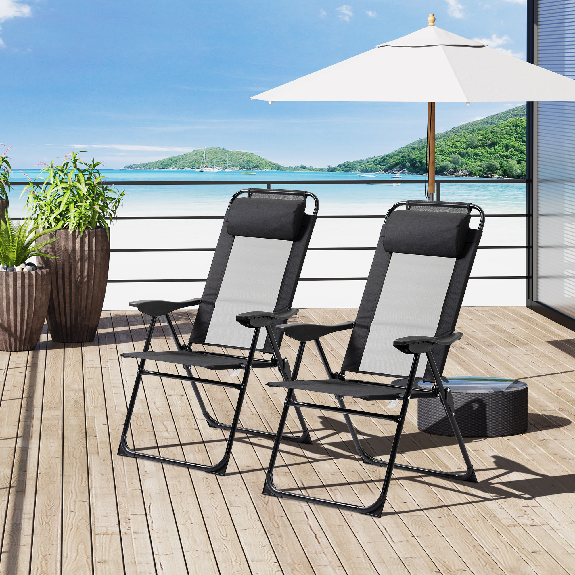 Lot de 2 chaises de jardin camping pliables - dossier inclinable 5 positions - tétière incluse - acier époxy oxford textilène noir