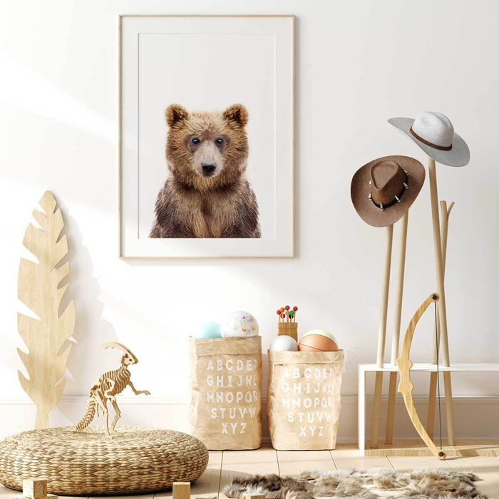 Affiche enfant bébé ours  Affiche + cadre en bois - Chêne