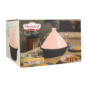 Tajine d24cm fond alu induction couvercle en céramique rose