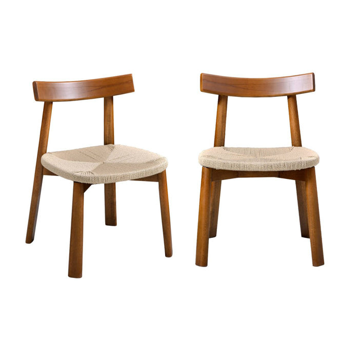 Lot de 2 chaises scandinaves en bois d'hévéa effet noyer et assise en corde beige