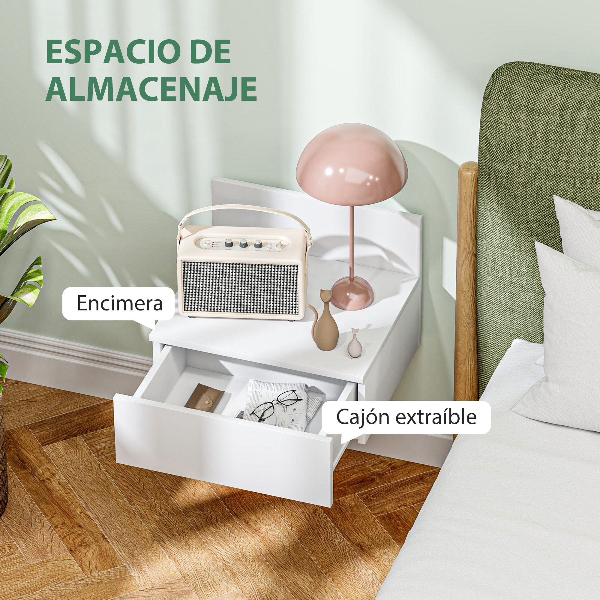 Juego de 2 Mesitas de Noche Flotantes Mesillas de Noche para Dormitorio con Cajón Mesas de Noche para Habitación Hogar 43x36,5x30,5 cm Blanco