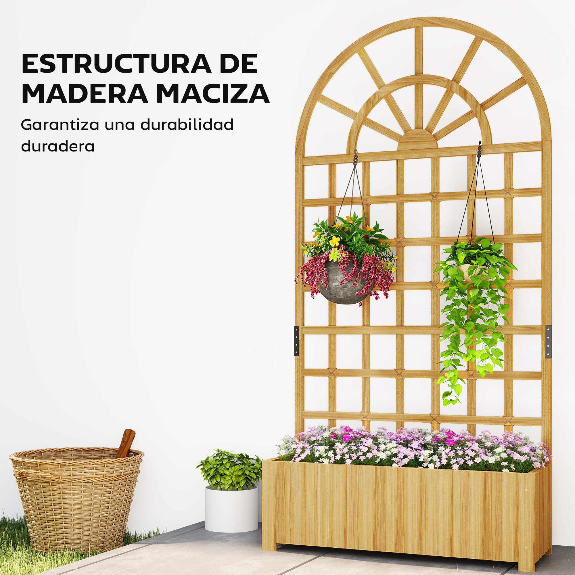Jardinera con Enrejado de Madera, Jardinera Exterior Grande para Plantas Trepadoras, con Ofricios de Drenaje, Macetero Elevado para Jardín, Patio, Terraza, 90x30x180 cm, Natural