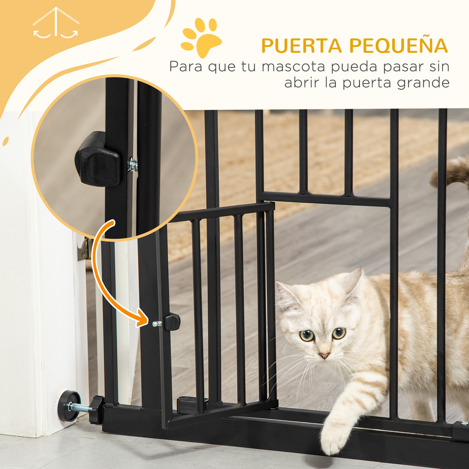 Barrera de Seguridad para Perros Barrera para Mascotas Extensible con Puerta Pequeño Cierre Automático y Sistema de Doble Bloqueo para Puerta Pasillo Escalera 74-80x76,2 cm Negro