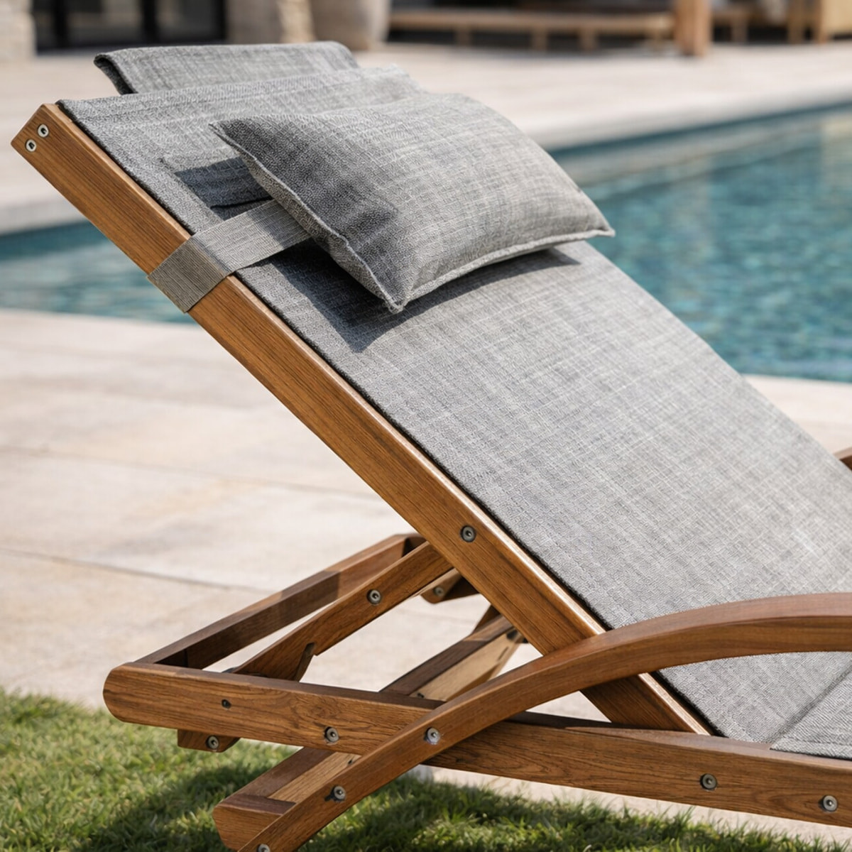 Transat en bois et toile PVC gris olive ACATE