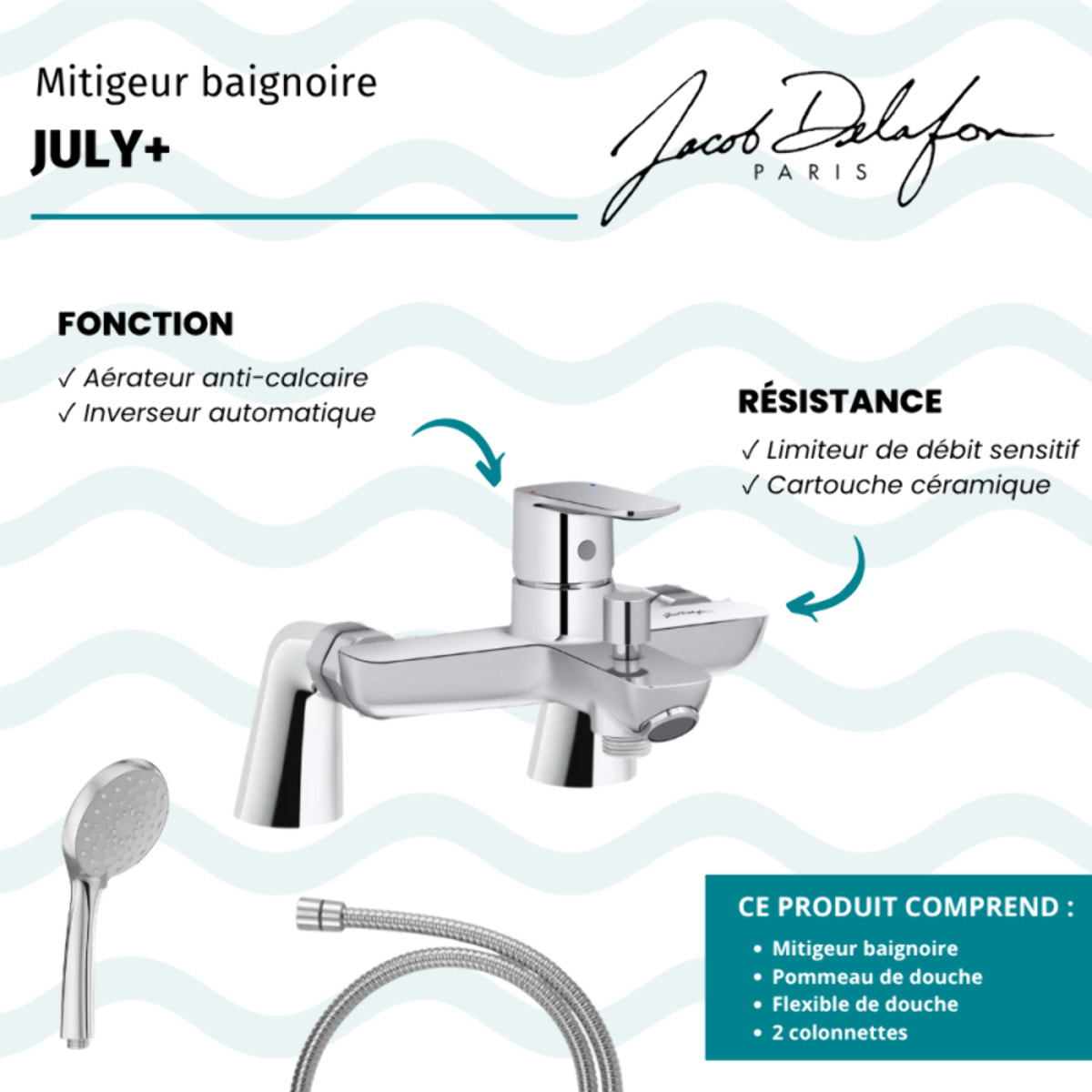 Mitigeur baignoire July+ + pommeau de douche Awaken + flexible de douche métal + colonnettes