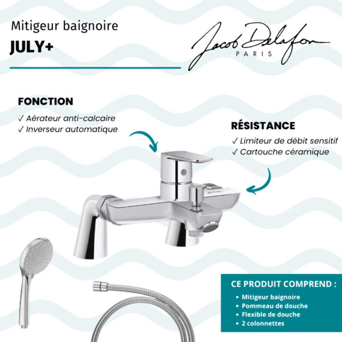 Mitigeur baignoire July+ + pommeau de douche Awaken + flexible de douche métal + colonnettes