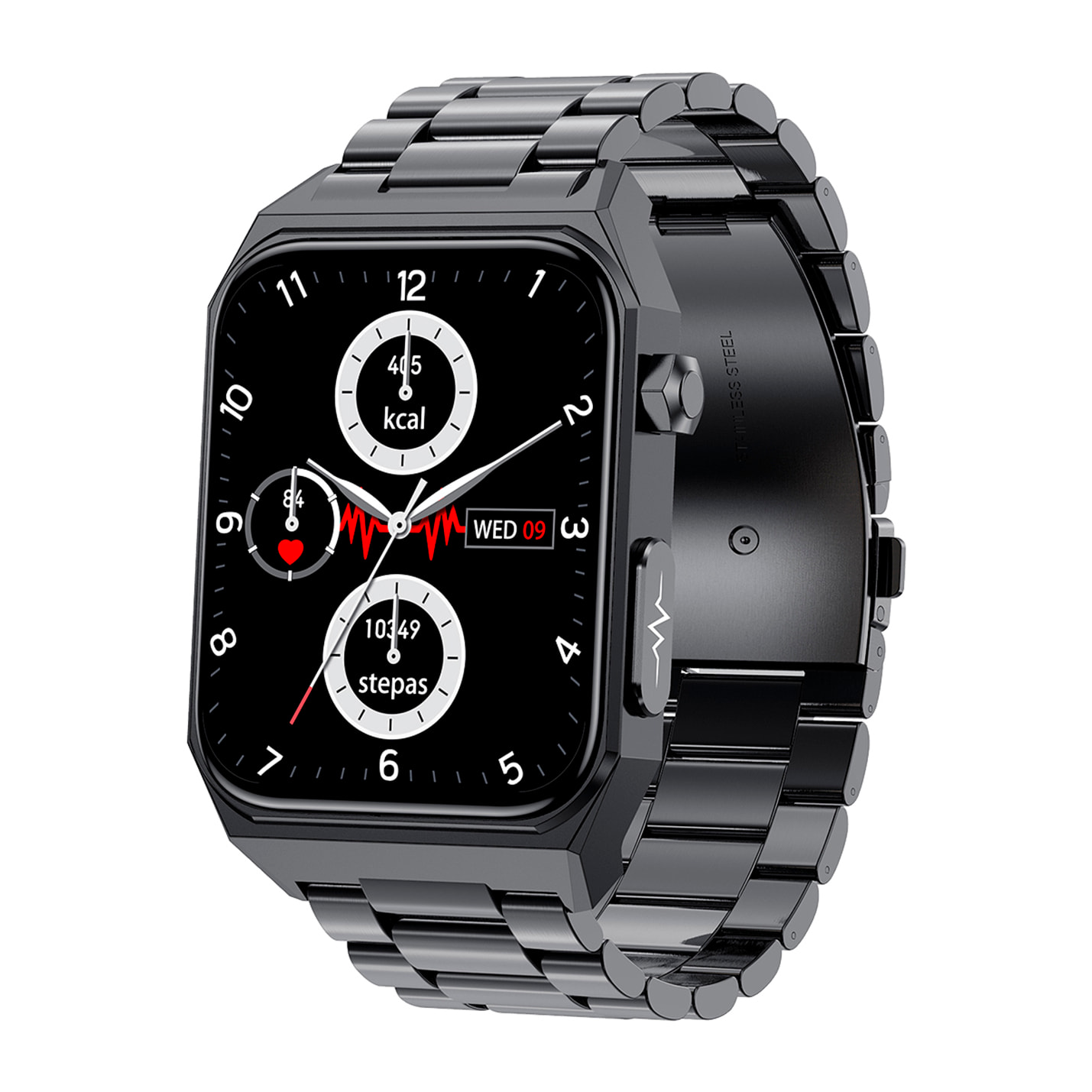 Smartwatch E530 con detección de glucosa en sangre, monitor de tensión y O2. ECG con medición en pecho. Pantalla de 1,91. Correa de cuero.