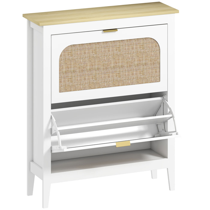 Meuble à chaussures style bohème chic 2 portes façades rotin poignées dorées effet bois clair blanc