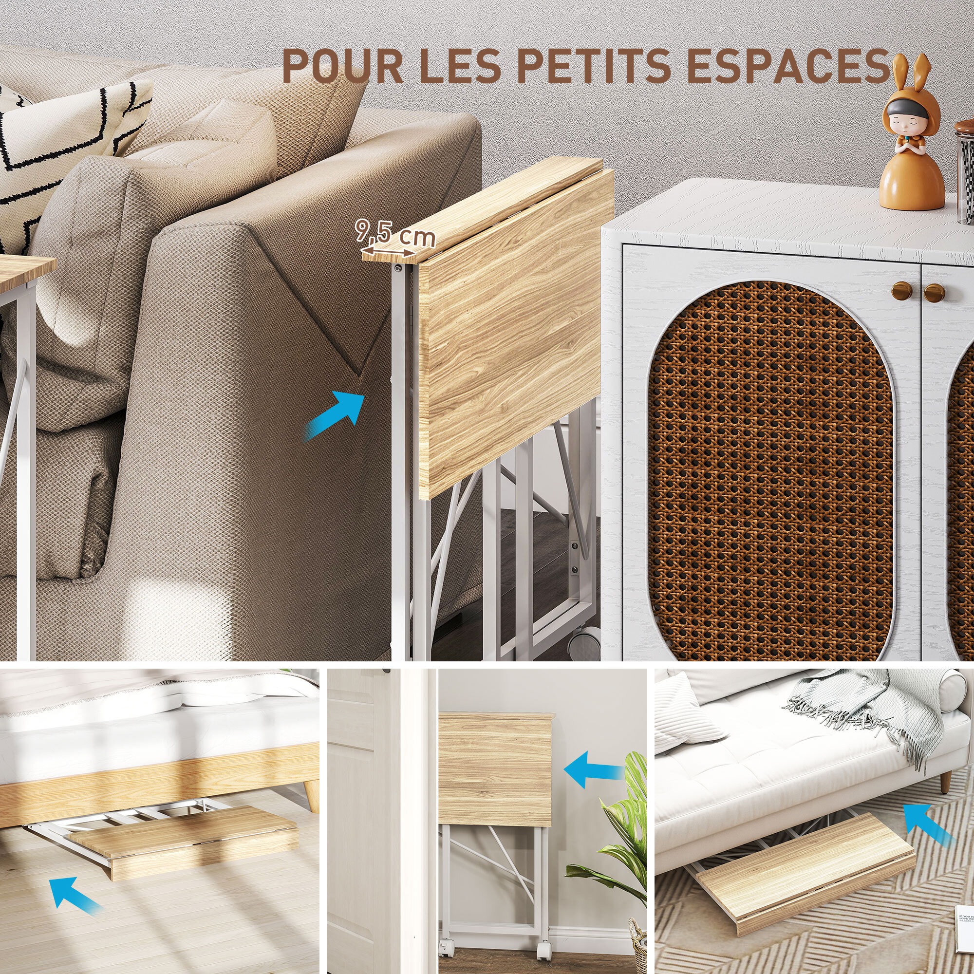Bureau pliable à roulettes dim. 80x40cm acier blanc effet chêne clair