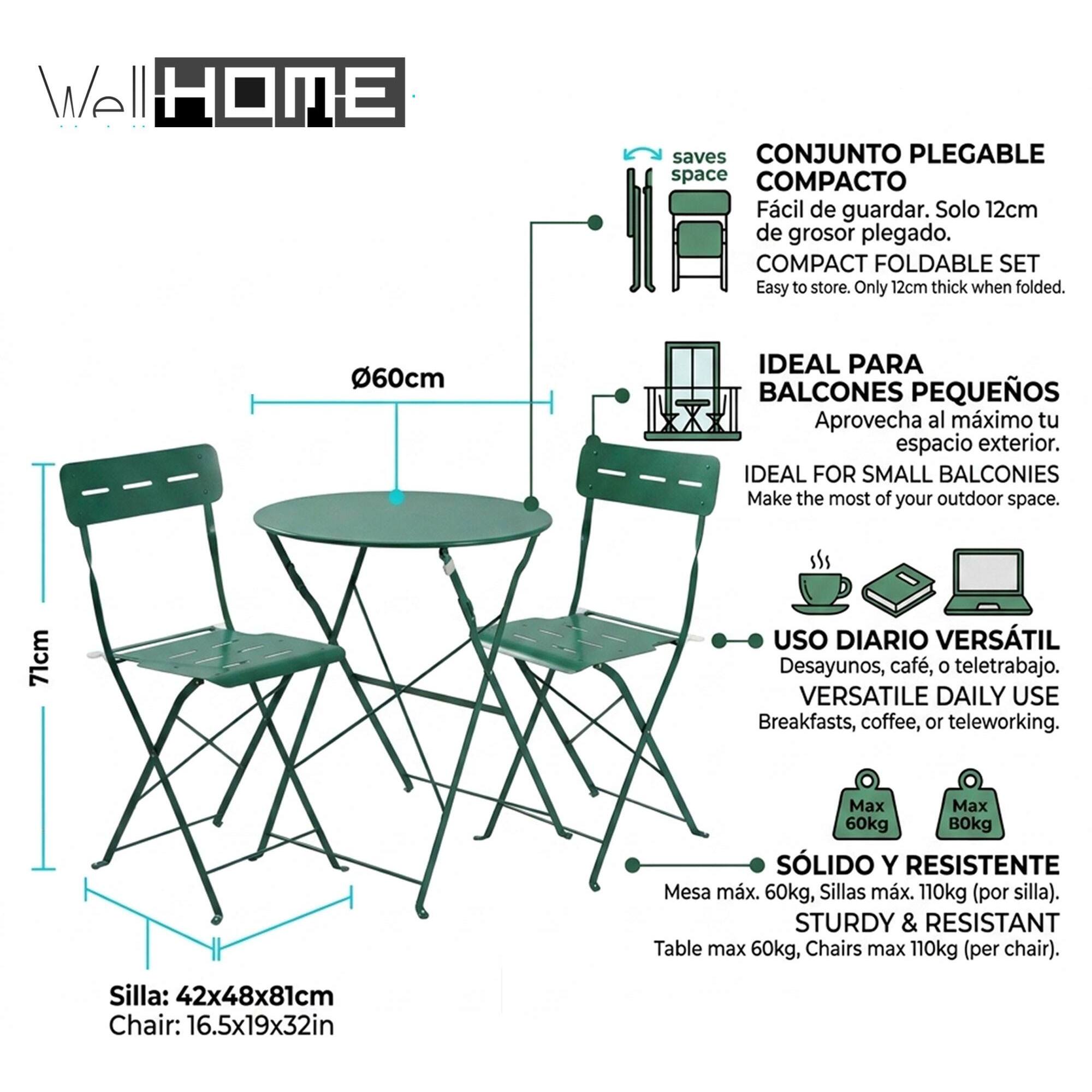 Set bistro plegable de 3 piezas (mesa 60cm + 2 sillas) en acero y verde, compacto para balcón