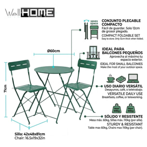 Set bistro plegable de 3 piezas (mesa 60cm + 2 sillas) en acero y verde, compacto para balcón