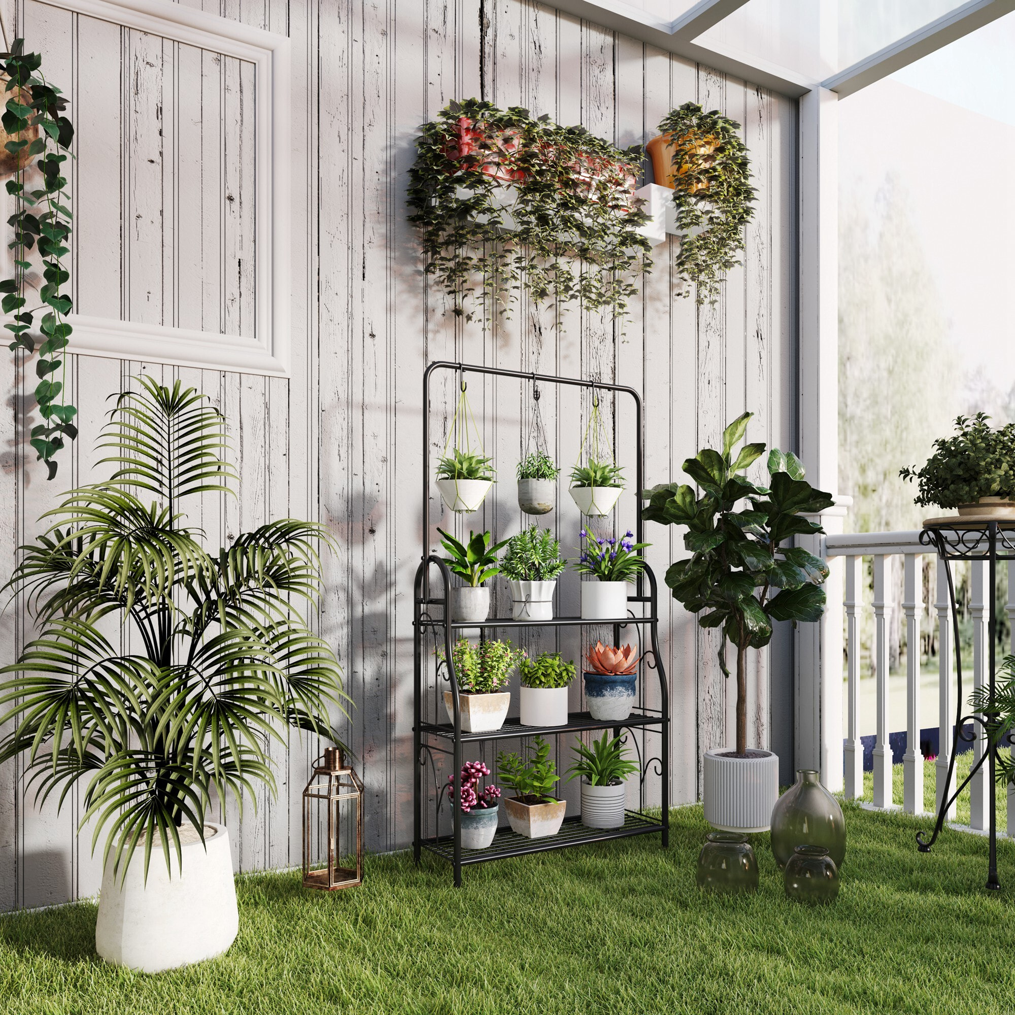 Estantería para Plantas de 3 Niveles Soporte para Plantas con Ganchos de Metal Barra para Colgar Soporte para Macetas para Interior y Exterior Negro