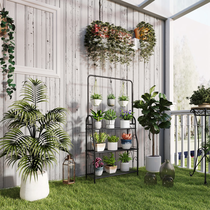 Estantería para Plantas de 3 Niveles Soporte para Plantas con Ganchos de Metal Barra para Colgar Soporte para Macetas para Interior y Exterior Negro