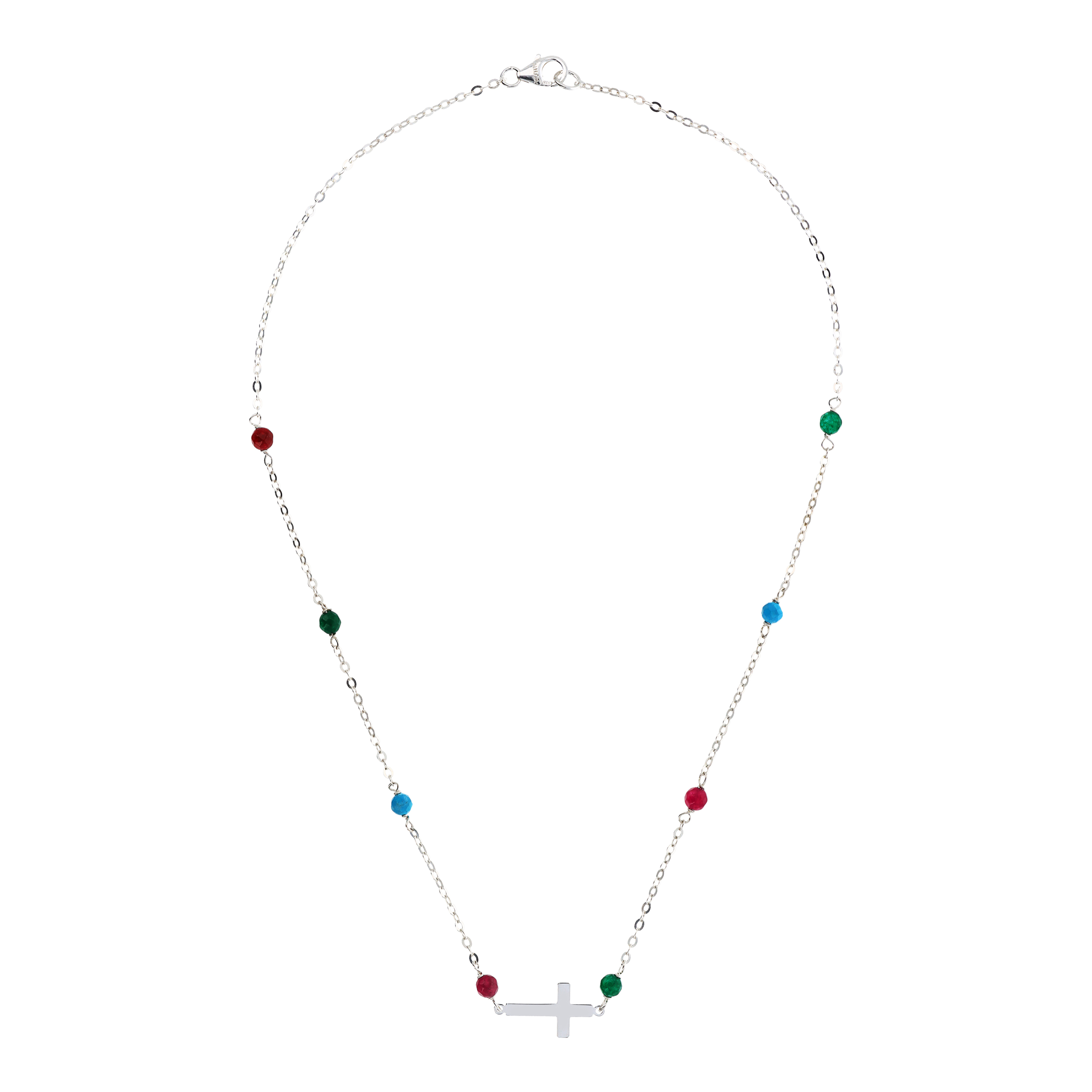 Collana Catena Rolo con Howlite e Quarzite Multicolore e Pendente Croce Argentato in Argento 925 placcato Rodio