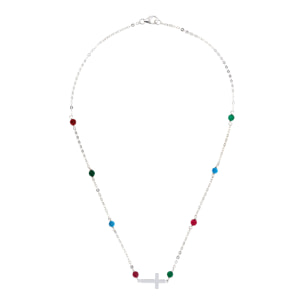 Collana Catena Rolo con Howlite e Quarzite Multicolore e Pendente Croce Argentato in Argento 925 placcato Rodio