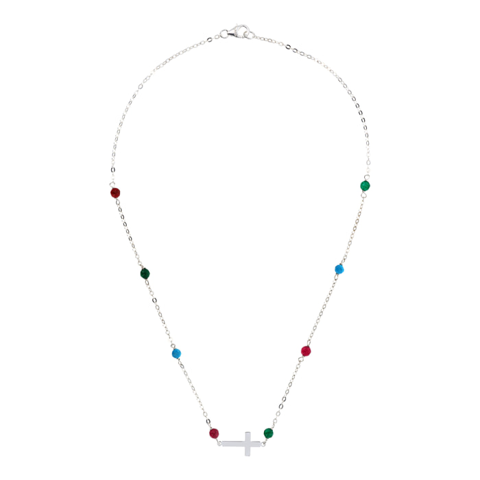 Collana Catena Rolo con Howlite e Quarzite Multicolore e Pendente Croce Argentato in Argento 925 placcato Rodio