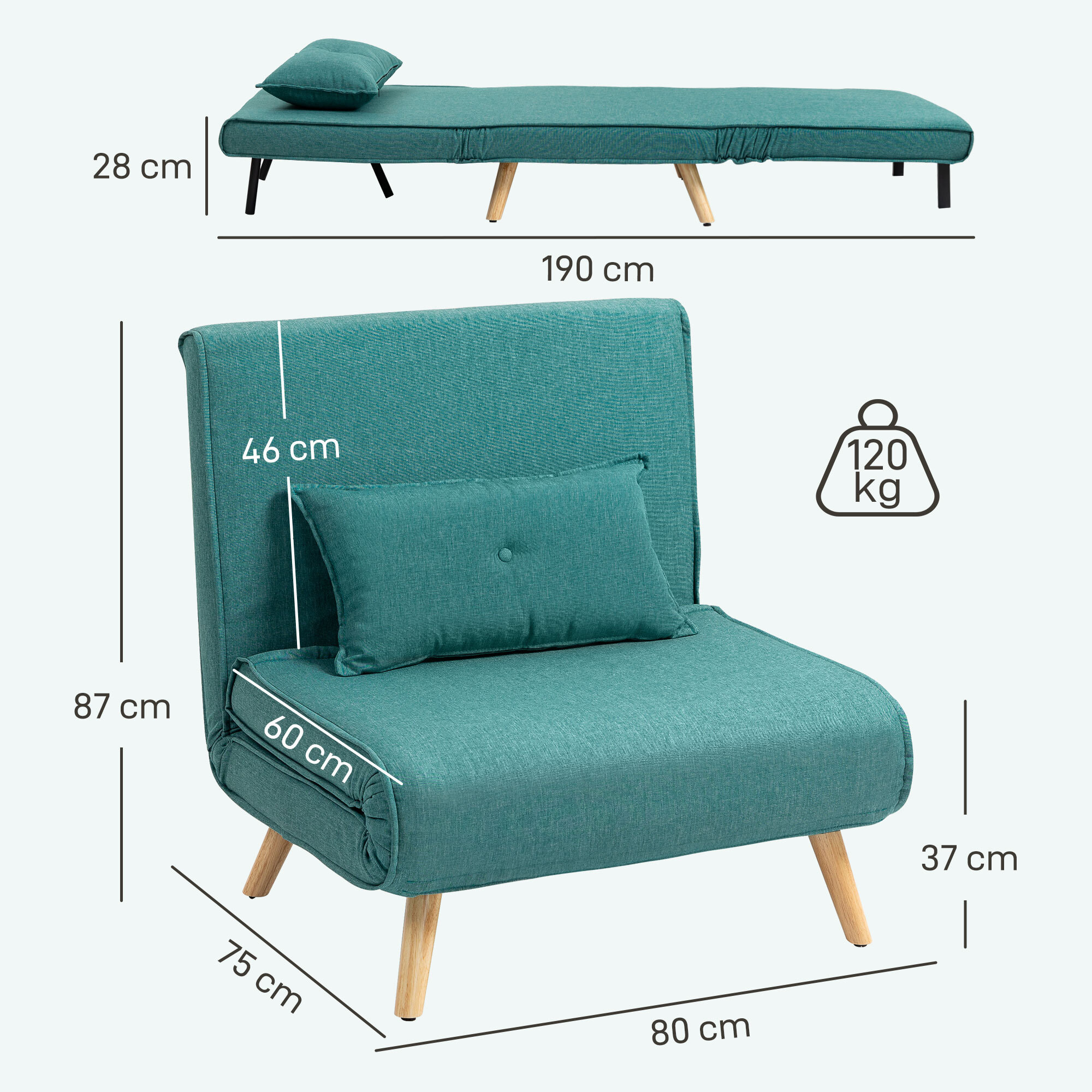 Fauteuil convertible style nordique - fauteuil lit chaise longue 3 en 1 - dossier inclinable - bois tissu turquoise