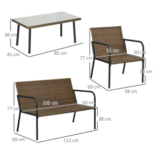 Conjunto de Jardín de Ratán Sintético Juego de 4 Piezas Muebles de Jardín con 2 Sofás Individuales 1 Sofá de 2 Plazas y 1 Mesa de Vidrio Templado para Terraza Patio Multicolor